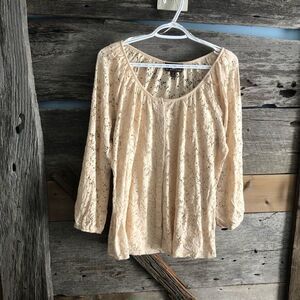 Fenn Wright Manson Plus Size 2X Beige/Tan Lace Overlay button down top